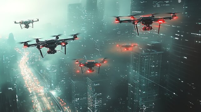 An aerial drone race through an obstacle-filled course, multiple drones speeding through the air, digital environment