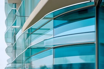 Obraz premium Modern building facade, curved glass, city backdrop, architectural detail