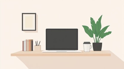 Fototapeta premium Minimalist lifestyle workspace. Featuring a clean desk with a laptop, coffee cup, and potted plant. Emphasizing simplicity and productivity. Ideal for home office setups.