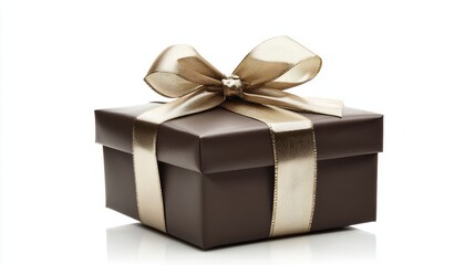 Elegant Brown Gift Box Wrapped with a Gold Ribbon on a White Background