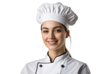 Smiling female chef in professional white uniform and hat isolated on white or transparent, PNG