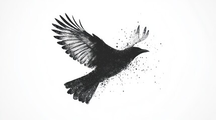 Obraz premium Black crow in flight, abstract art, white background, digital illustration, design element