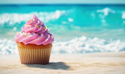 Pink cupcake on sandy beach, ocean background; summer treat, vacation dessert