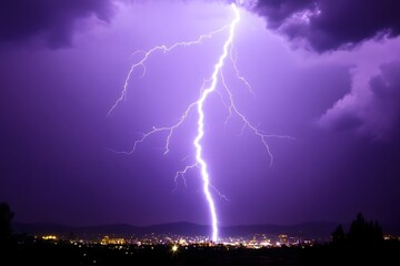 Nighttime lightning strike over city, storm clouds