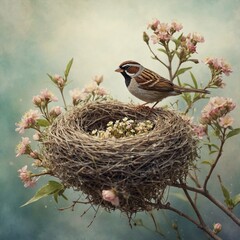 A sparrow weaving tiny flowers into its nest, in a dreamy watercolor art style.