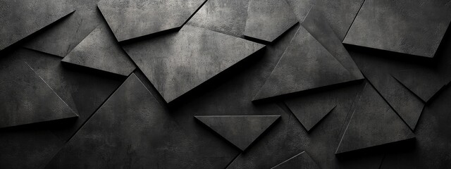 Abstract minimalist wallpaper with sharp squares and triangles on black background. Banner template with white center text area. Ideal for modern designs.