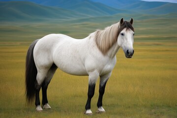 there is a white horse standing in a field with mountains in the background