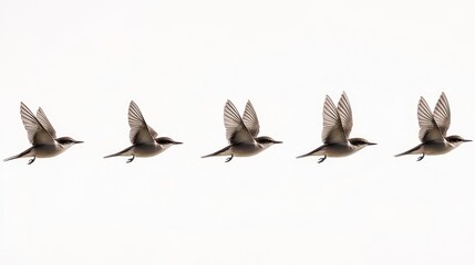 Fototapeta premium Five birds flying in formation, white background, motion sequence, nature photography