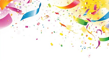 Obraz premium Festive confetti and ribbons falling on white background; celebration design