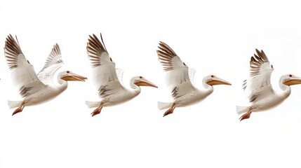 Obraz premium White pelicans flying sequence, wildlife, nature, isolated, motion blur background