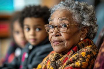 Fototapeta premium Senior black woman wearing glasses sitting with children in classroom