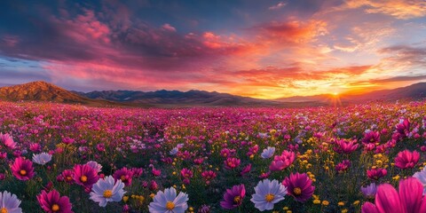 Fototapeta premium Vibrant landscape of a cosmos flower field at sunset featuring pink and white blooms under a colorful sky with distant mountains and soft lighting.