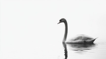 Fototapeta premium Serene swan swimming misty lake, peaceful morning, nature imagery