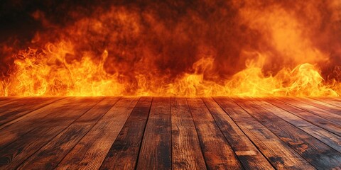 Vibrant flames of orange and yellow rise against a rustic wooden floor, creating a dramatic contrast that enhances the warmth and texture of the wood.