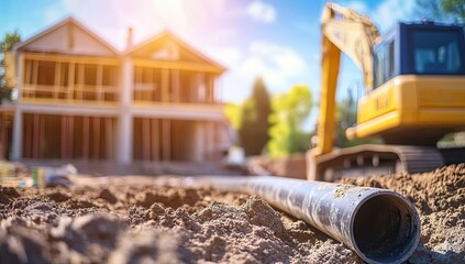 Construction site with pipes, new house and excavator