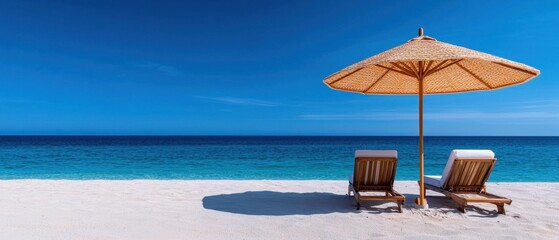 Obraz premium Sun loungers under a straw umbrella on a serene beach with clear blue skies.
