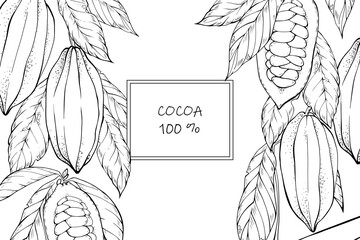 Hand drawn vector frame with doodle cocoa beans and leaf suitable for design menu and packaging.
