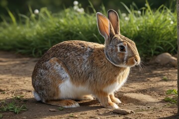 Fototapeta premium there is a rabbit that is sitting on the ground in the dirt