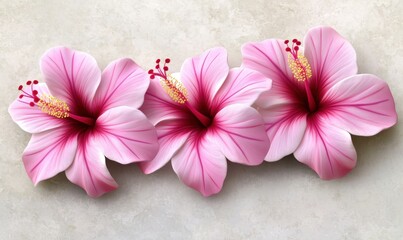 Pink hibiscus flowers on marble background, perfect for greeting cards or websites