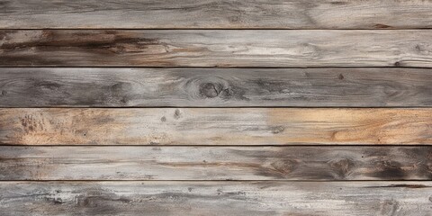 Fototapeta premium Textured wooden planks in varying shades of gray and brown arranged horizontally, showcasing rustic and weathered finish for background use.