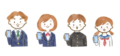 笑顔でスマホの画面をこちらに見せている、制服を着た中高生男女4人の上半身イラスト