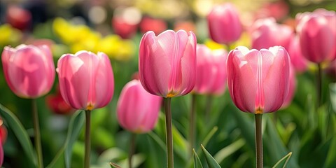 Vibrant pink tulips in full bloom stand tall among green leaves in a colorful garden with soft out-of-focus background flowers creating a serene atmosphere