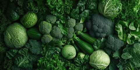 Green leafy vegetables assortment flat lay arrangement with various shades of green including broccoli cabbage lettuce and zucchinis on a dark background