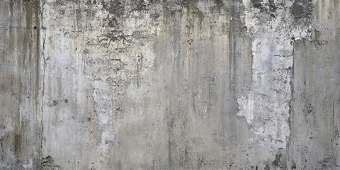 Weathered concrete wall with peeling gray paint and dark stains, featuring a textured surface and a subtle gradient from lighter to darker shades.