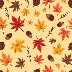 Obraz premium Autumn Leaf and Acorn Seamless Pattern Design
