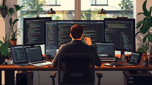 Person working on multiple screens with code displayed