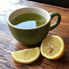 Cup of green tea with a lemon wedge on the side rich in antioxidants brain stimulating beverage