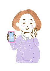 スマホの画面を見せながらピースしている妊婦さんの上半身イラスト