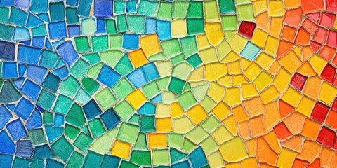 Colorful mosaic tile pattern with blue, green, yellow, and orange shades creating a vibrant abstract design, arranged in a flowing wave pattern.