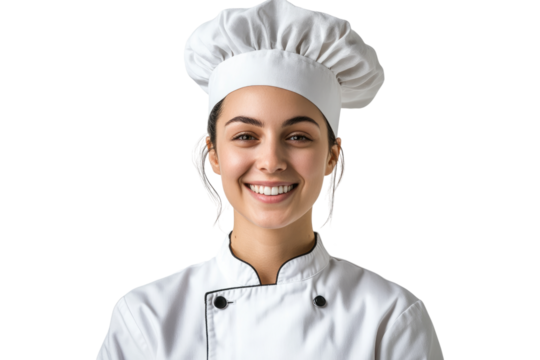 Smiling female chef in professional white uniform and hat isolated on white or transparent, PNG