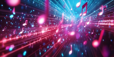 Fototapeta premium A vibrant, futuristic abstract background with glowing 3D music notes in neon colors. Perfect for creative projects, music themes, and modern designs.