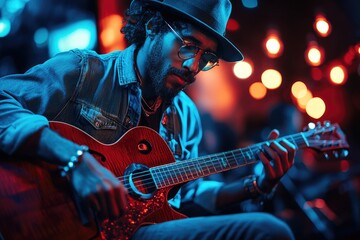 Obraz premium Musician playing acoustic guitar on stage with bokeh lights