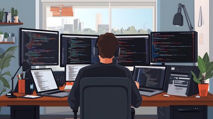 Programmer works at desk with multiple monitors and laptops