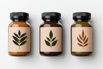 Three jars featuring artistic leaf designs on labels for natural ingredients.