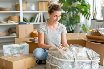Fototapeta premium Transfer Day. Packing suitcase and moving boxes in a cozy home setting, preparing for a trip.