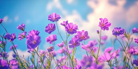 Obraz premium Lush purple flowers in a vibrant field under a blue sky with fluffy clouds, showcasing a serene outdoor springtime atmosphere