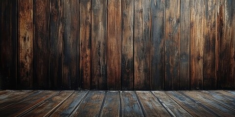 Vintage wooden backdrop with dark brown and burnt orange hues, showcasing vertical wooden planks and a weathered wooden floor for a rustic feel.