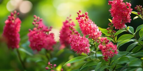 Fototapeta premium Vibrant pink spiraea japonica flowers with lush green leaves gracefully positioned against a softly blurred green backdrop in natural light.