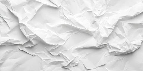 Crumpled clean white paper texture showcasing various folds and shadows creating an abstract background with soft light and smooth gradients