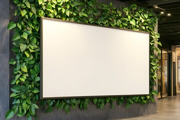 Blank billboard, green wall, modern lobby, advertising mockup