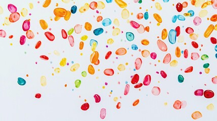 Obraz premium Colorful rainbow sprinkles scattered on a white background create a vibrant and playful scene ideal for food designs, baking themes, or festive celebrations.