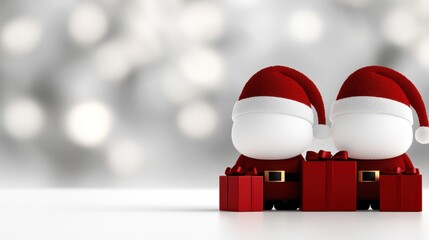 Two cheerful characters in Christmas attire with gifts, set against a festive background.