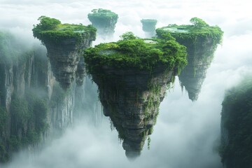 Floating islands, lush jungle, misty peaks, fantasy landscape, game design