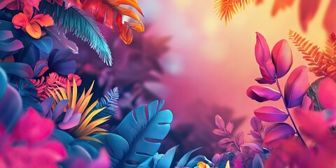 Vibrant tropical foliage with colorful leaves in shades of pink, purple, and blue creating a stunning backdrop with soft blurred lighting effects.