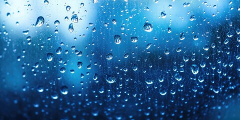Close-up of raindrops on a glass surface with a blue background creating a calming atmosphere of tranquility and nature's beauty