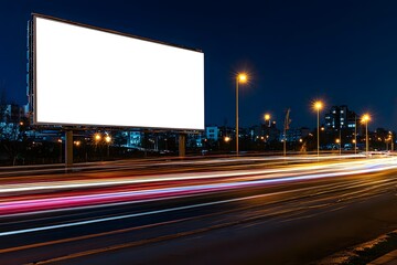Blank billboard, city highway, night, light trails, advertising